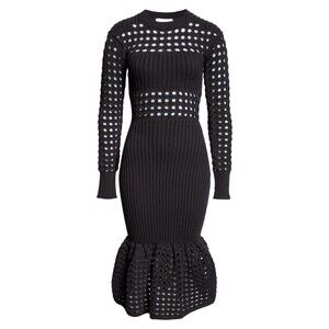 Alexander McQueen Women's Long Sleeve Knit Mesh Midi Sweater Dress Black Size XS